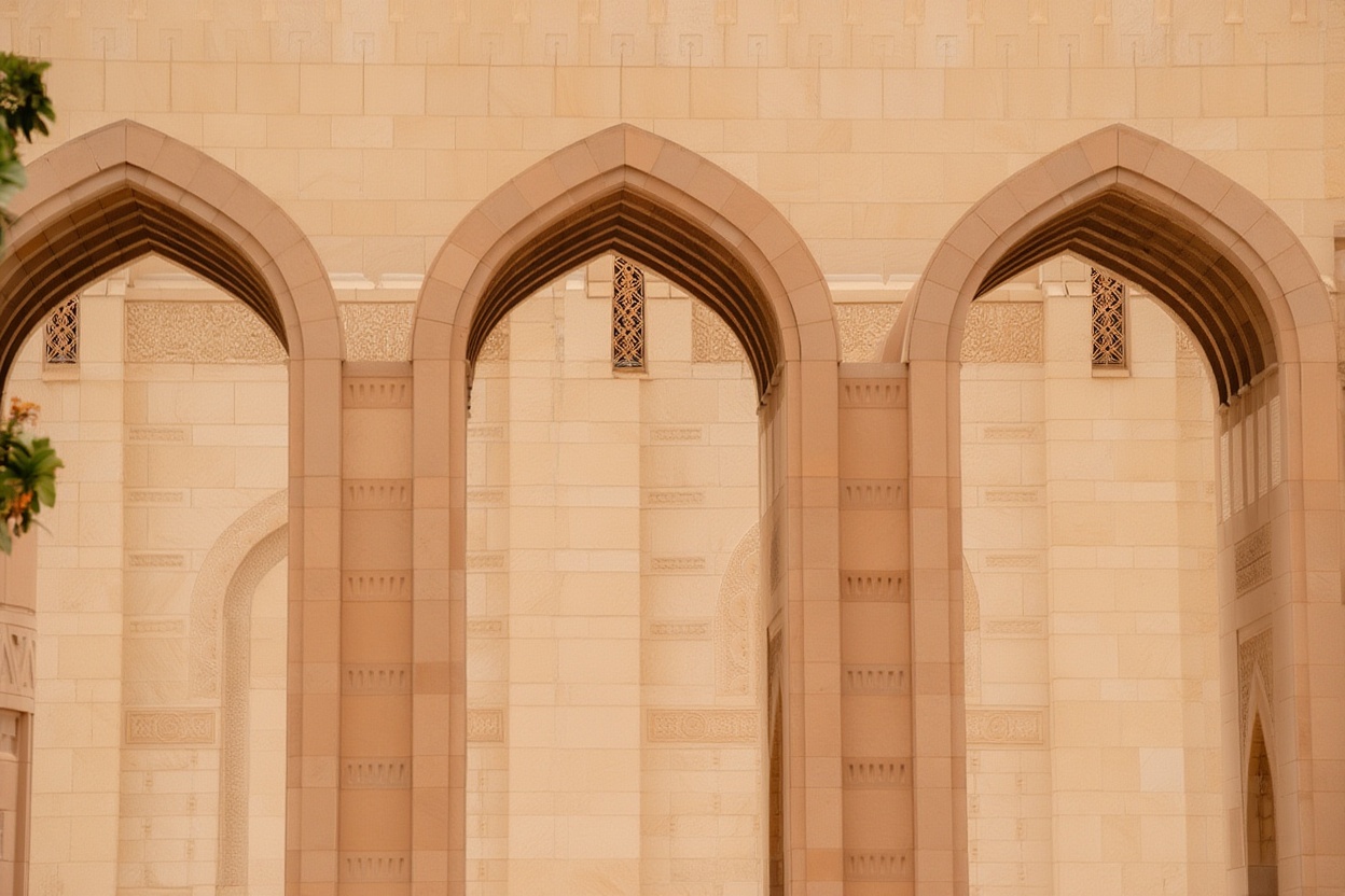 The Sultan Qaboos Grand Mosque in Muscat — visitors welcome outside prayer times with modest dress