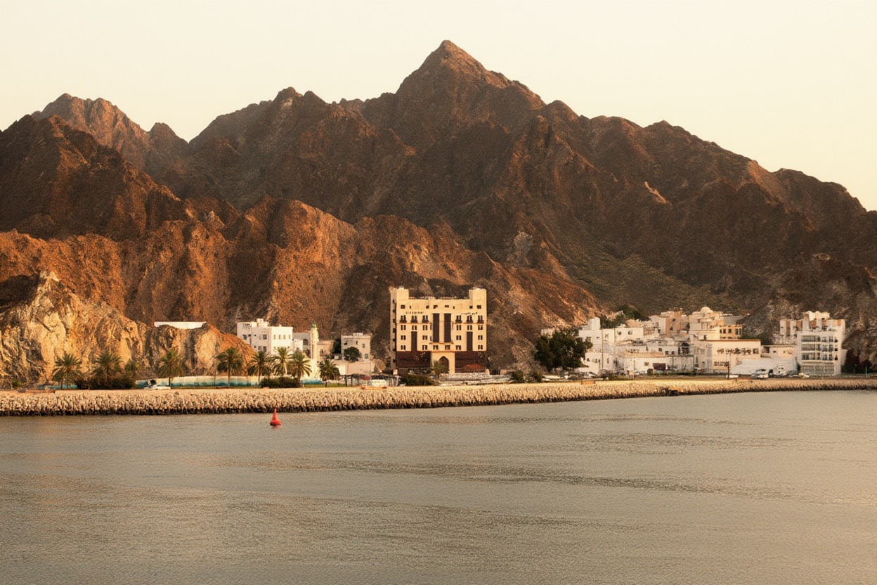 Muttrah Corniche in the evening — the dhow port, the mountain backdrop, and the sea breeze make this the best time to walk it